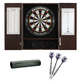 Viper Espresso Metropolitan Steel Tip Cabinet, Viper Razorback Sisal Dartboard, Viper Underground Raven Steel Tip Darts, and Viper Vinyl Dart Mat