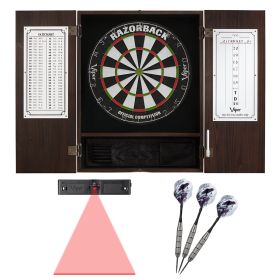 Viper Espresso Metropolitan Steel Tip Cabinet, Razorback Sisal Dartboard, Underground Raven Steel Tip Darts, and Throw Line Light