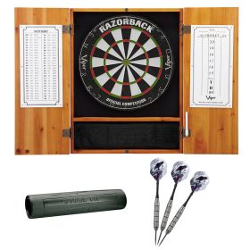 Viper Metropolitan Oak Steel Tip Dartboard Cabinet, Viper Razorback Sisal Dartboard, Viper Underground Raven Steel Tip Darts, and Viper Vinyl Dart Mat